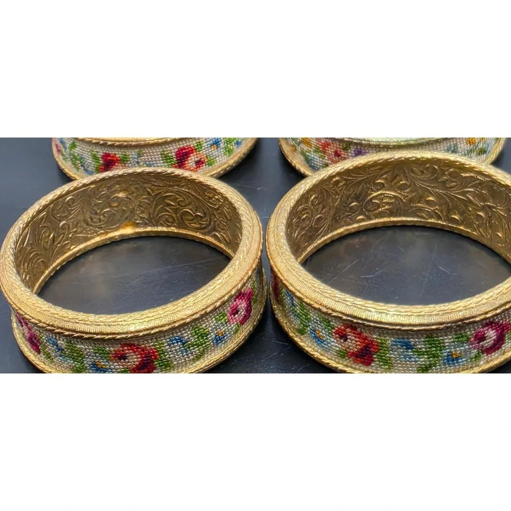 Vintage Petit Point Floral Napkin Rings Set of 4 Gold Tone Engraved Metal Rose